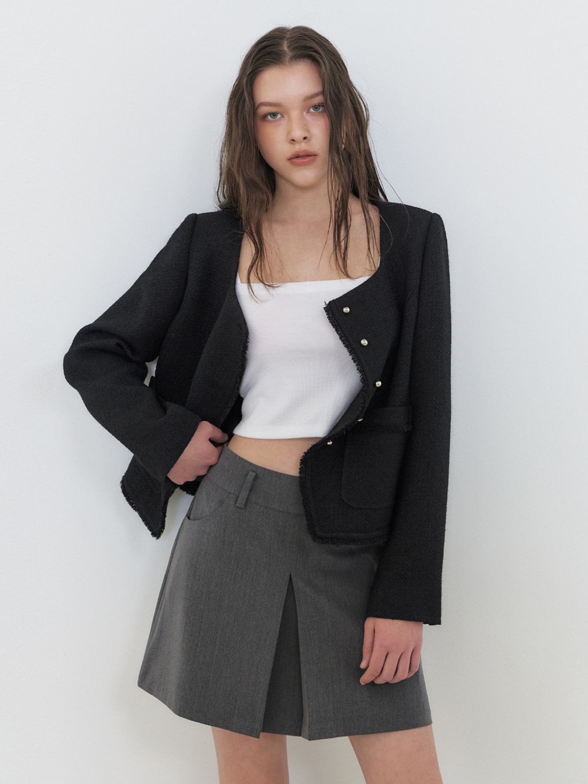 에트몽(ETMON) Button Square Tweed Jacket, Black