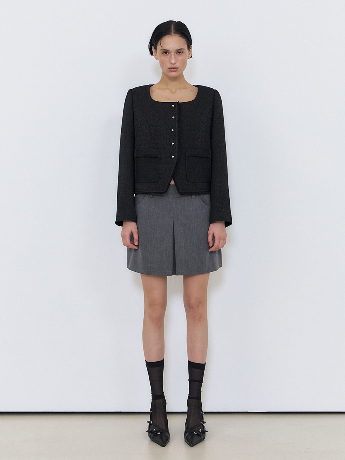 에트몽(ETMON) Button Square Tweed Jacket, Black
