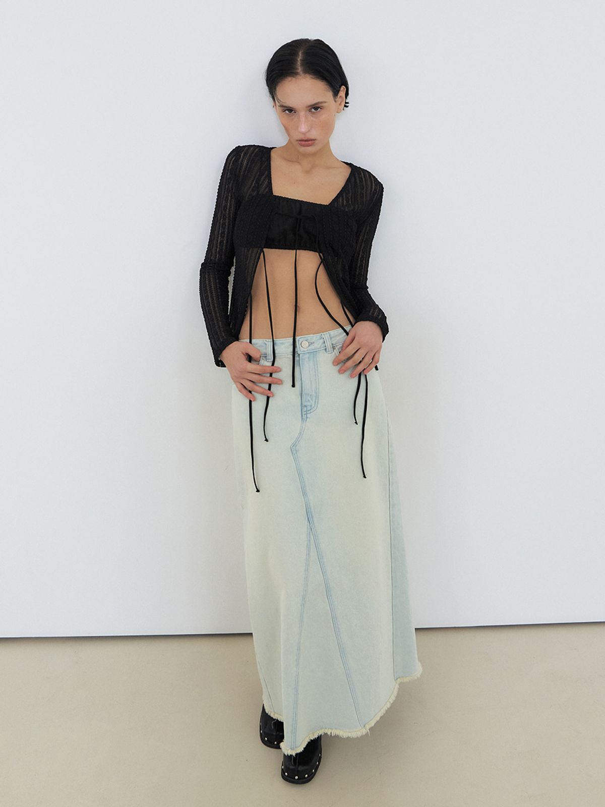 에트몽(ETMON) Washed Long Denim Skirt Ice Blue