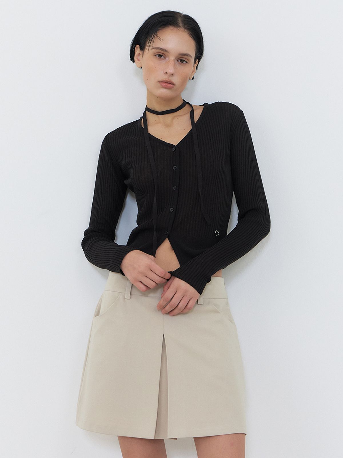 에트몽(ETMON) Linen Scarf Knit Cardigan, Black