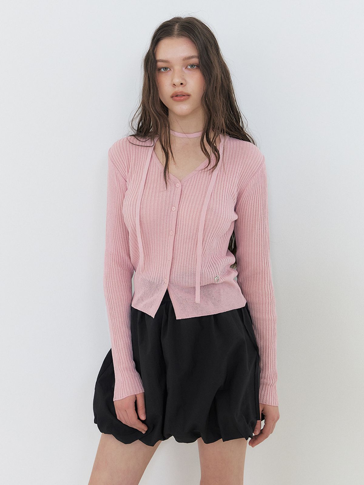 에트몽(ETMON) Linen Scarf Knit Cardigan, Light Pink