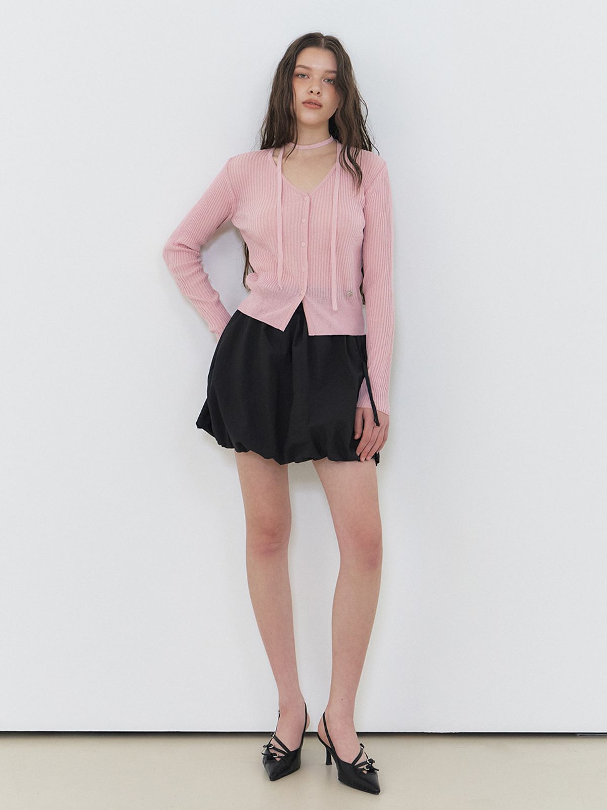 에트몽(ETMON) Linen Scarf Knit Cardigan, Light Pink