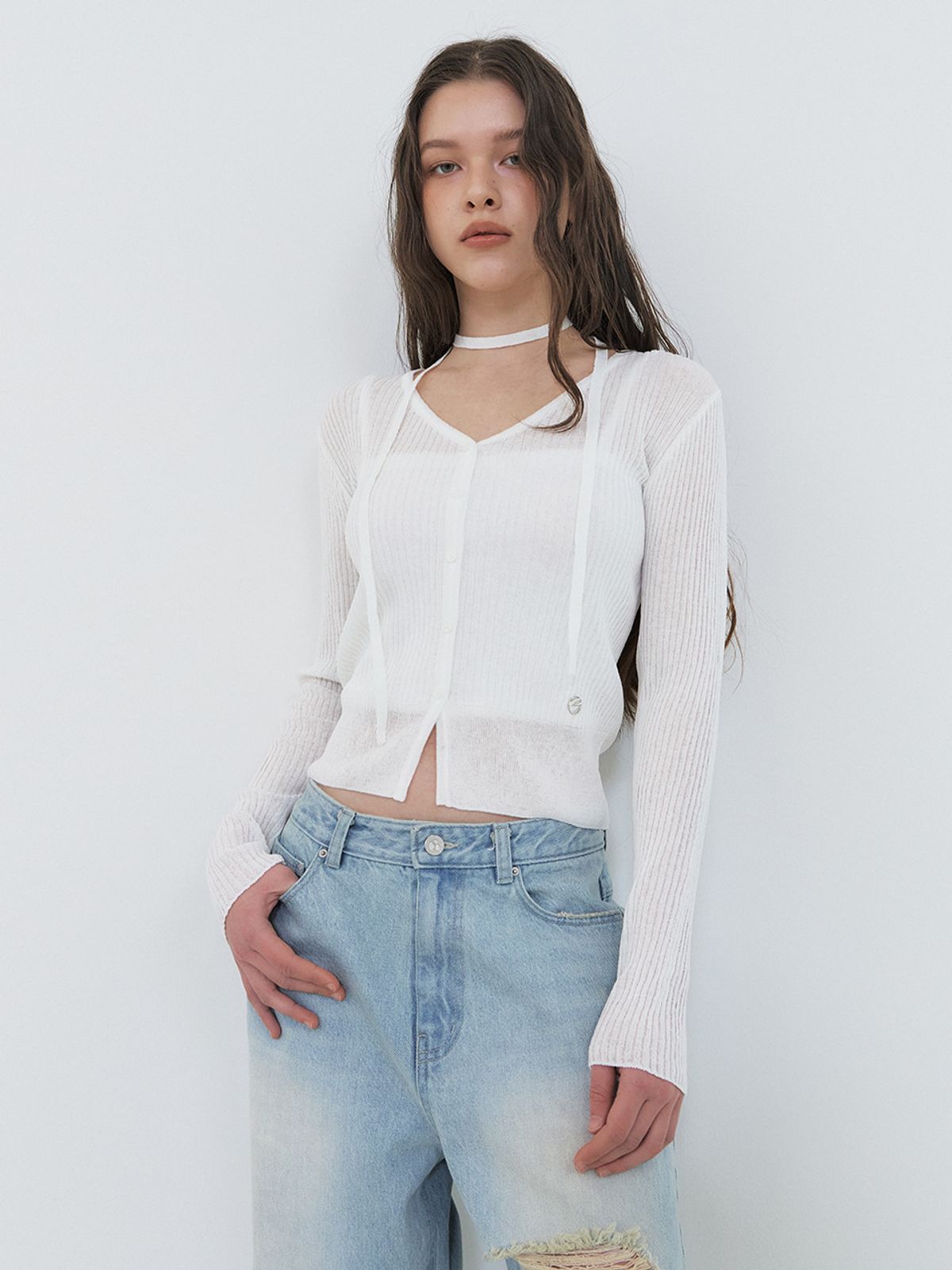에트몽(ETMON) Linen Scarf Knit Cardigan, White