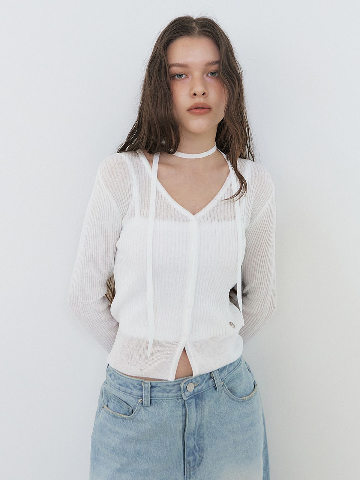 에트몽(ETMON) Linen Scarf Knit Cardigan, White