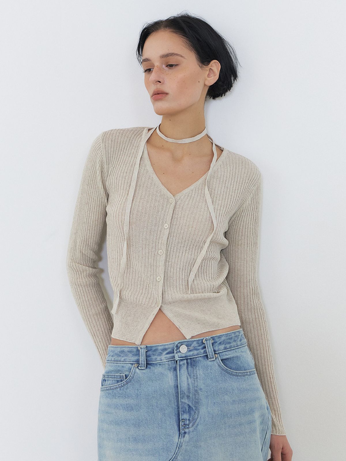 에트몽(ETMON) Linen Scarf Knit Cardigan, Oatmeal