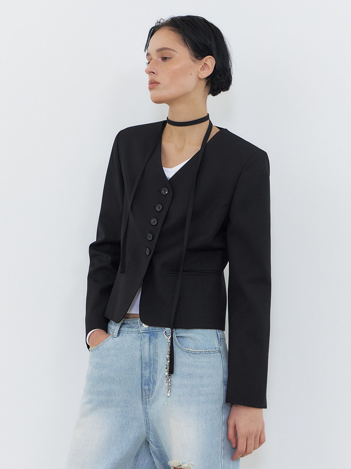 에트몽(ETMON) V-Neck Tie Stitch Jacket, Black