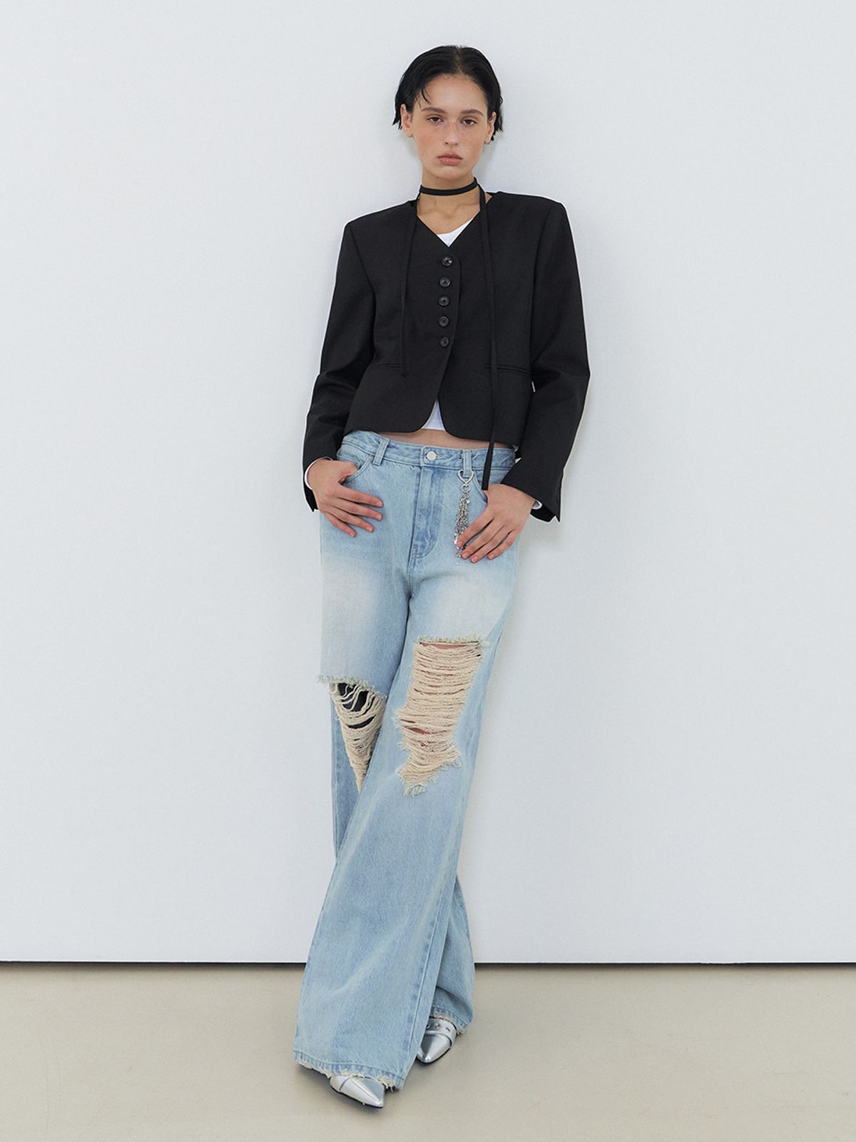 에트몽(ETMON) V-Neck Tie Stitch Jacket, Black
