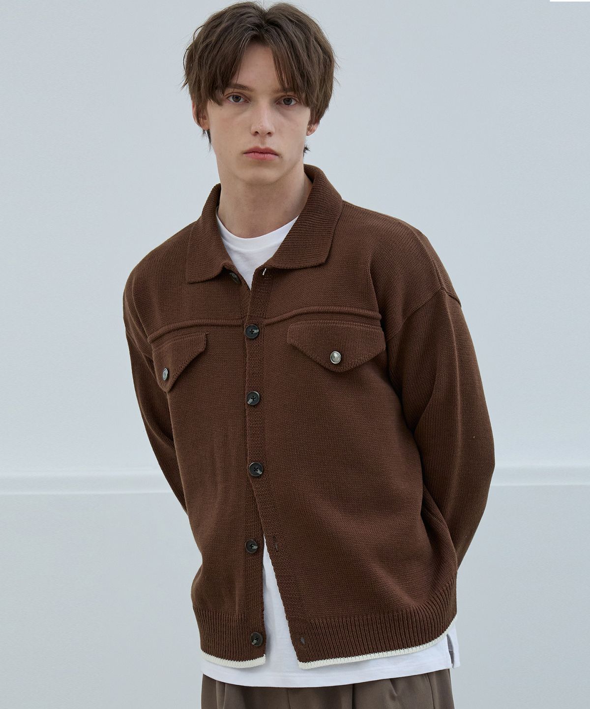 노드유(NODU) 카라 포켓 니트 자켓 가디건 [브라운]