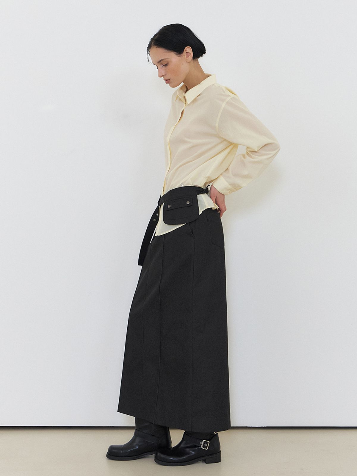 에트몽(ETMON) Belt Pintuck Long Skirt, Black