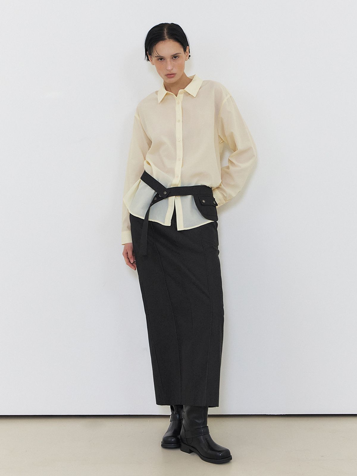 에트몽(ETMON) Belt Pintuck Long Skirt, Black