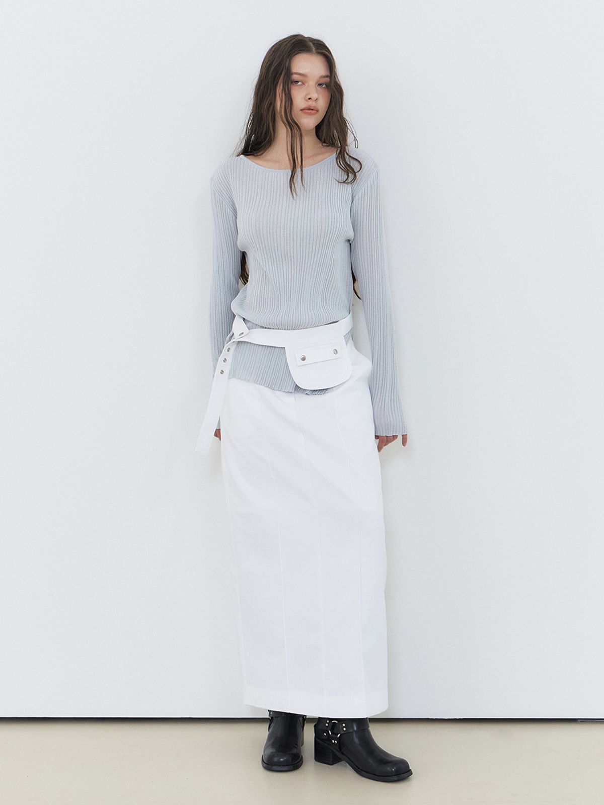 에트몽(ETMON) Belt Pintuck Long Skirt, White