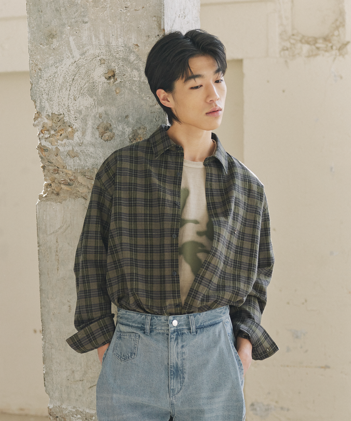 넌블랭크(NONBLANK) [여름]크링클 린넨 체크 셔츠_KHAKI