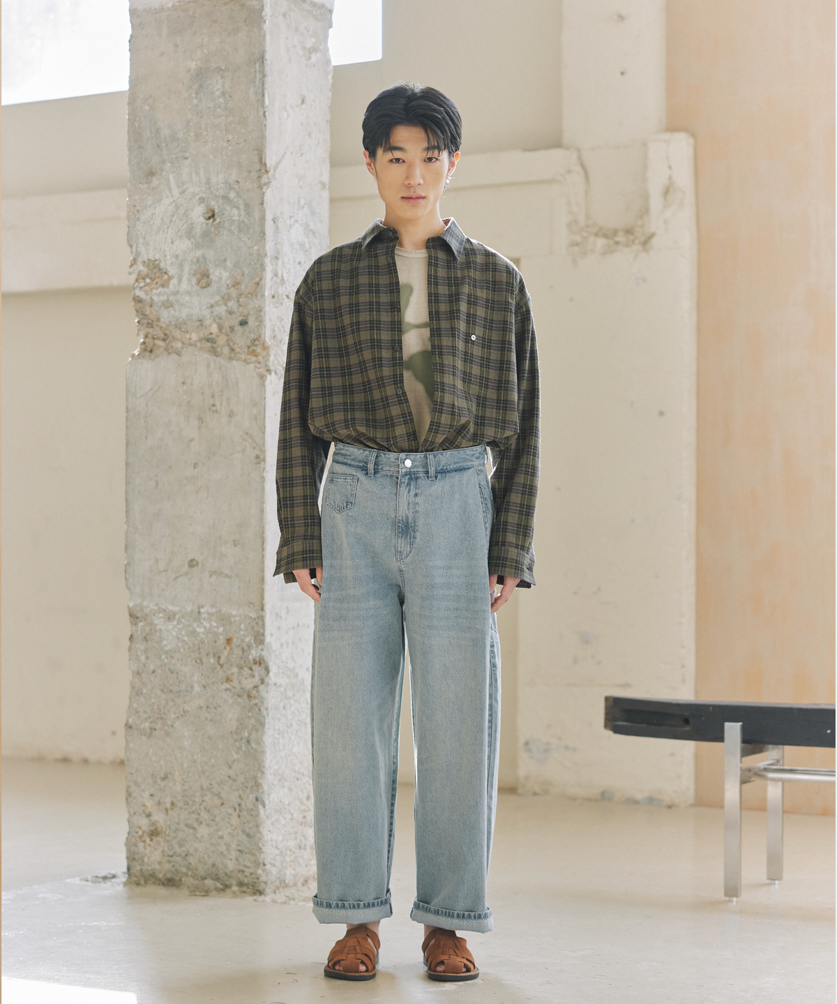 넌블랭크(NONBLANK) [여름]크링클 린넨 체크 셔츠_KHAKI