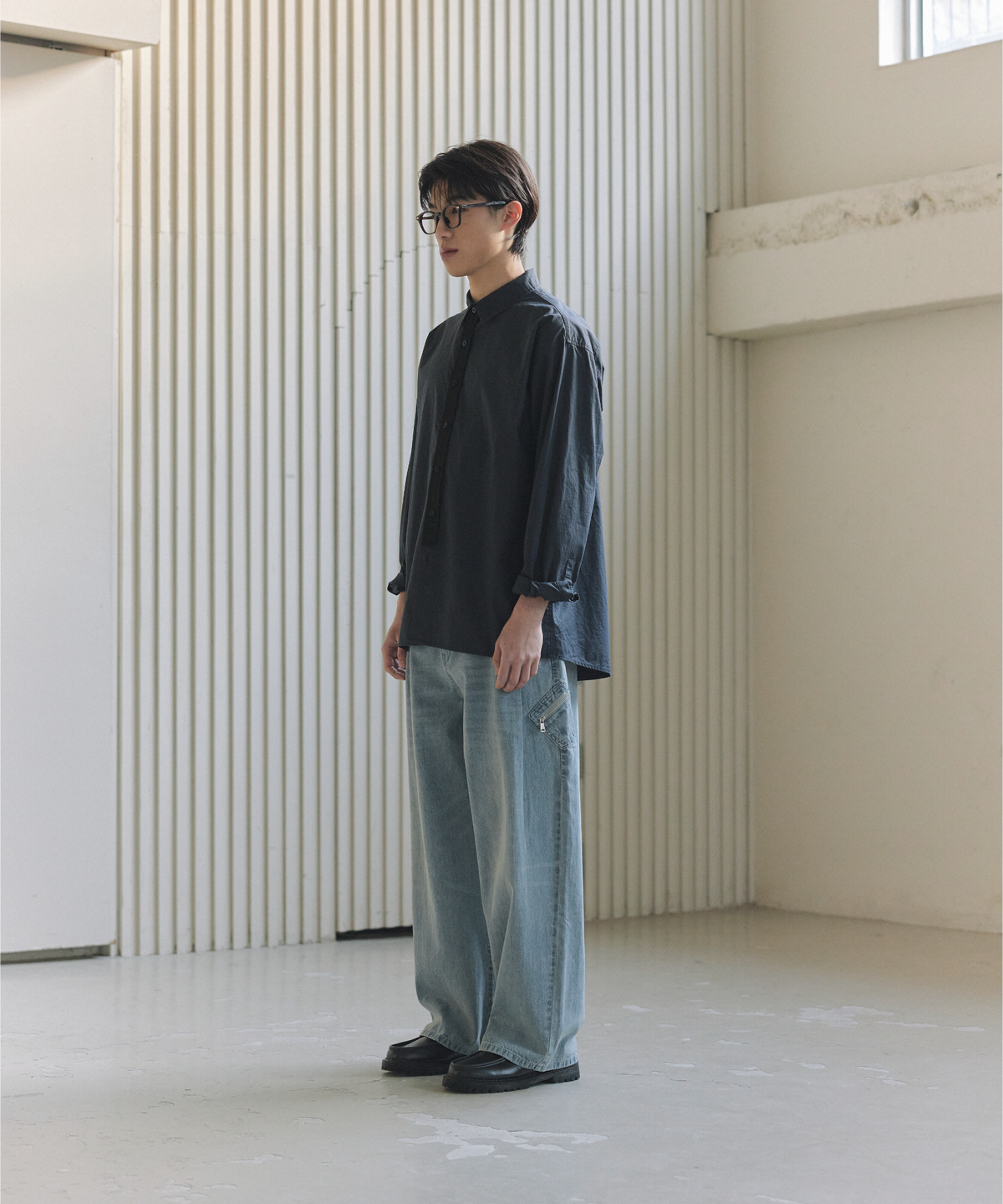 넌블랭크(NONBLANK) COTTON DRILL LS 셔츠_DARK NAVY