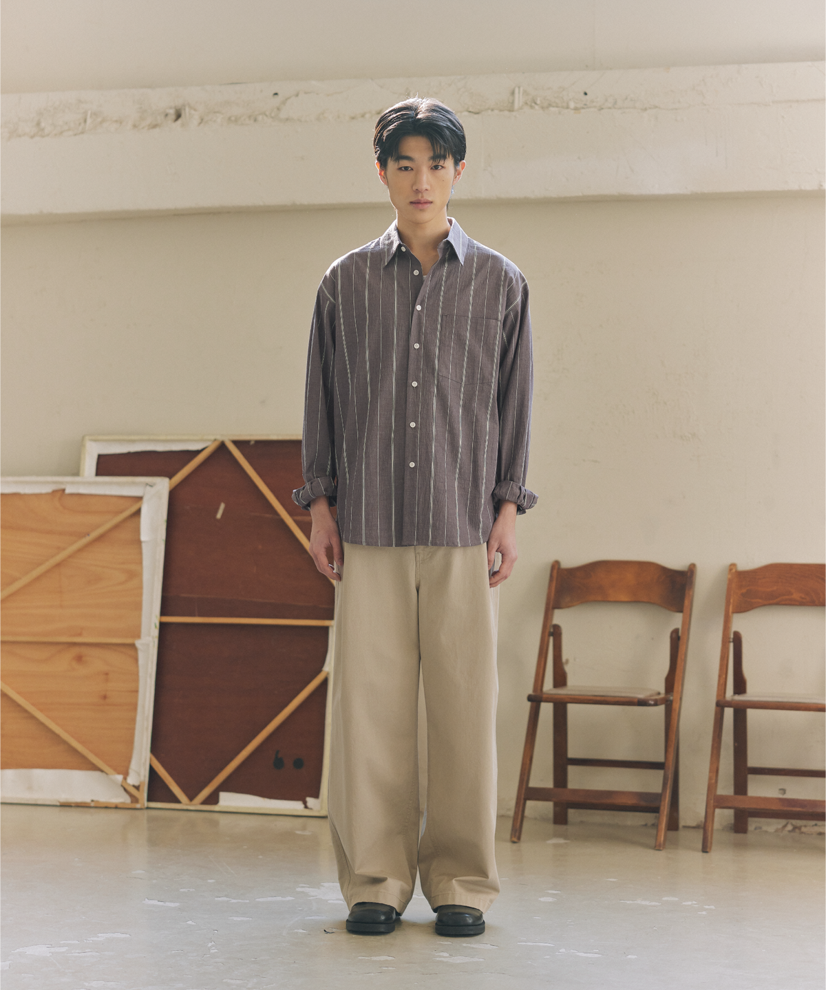 넌블랭크(NONBLANK) 크래프트 워싱 스트라이프 셔츠_WINE