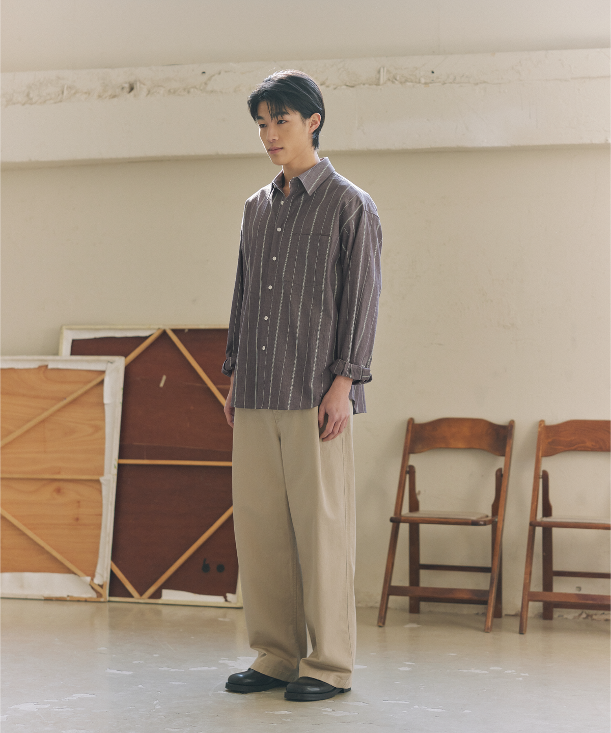 넌블랭크(NONBLANK) 크래프트 워싱 스트라이프 셔츠_WINE