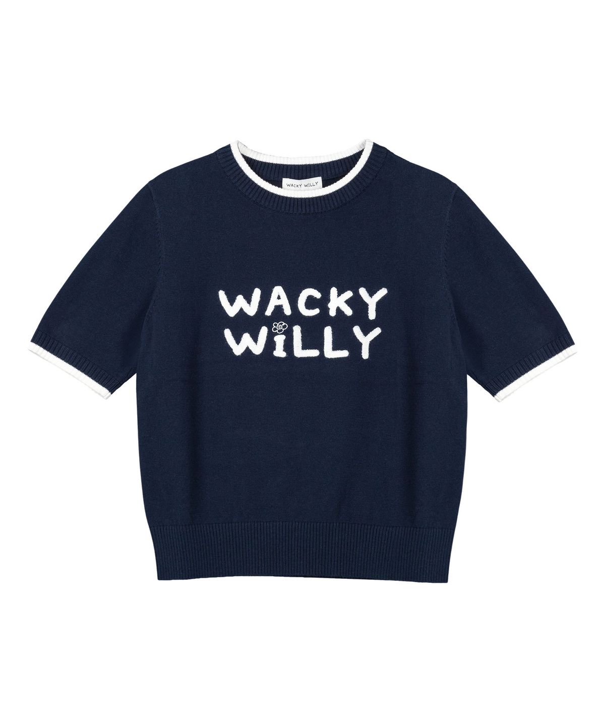 와키윌리(WACKY WILLY) 우먼스 타이포 로고 배색 반팔 니트 네이비