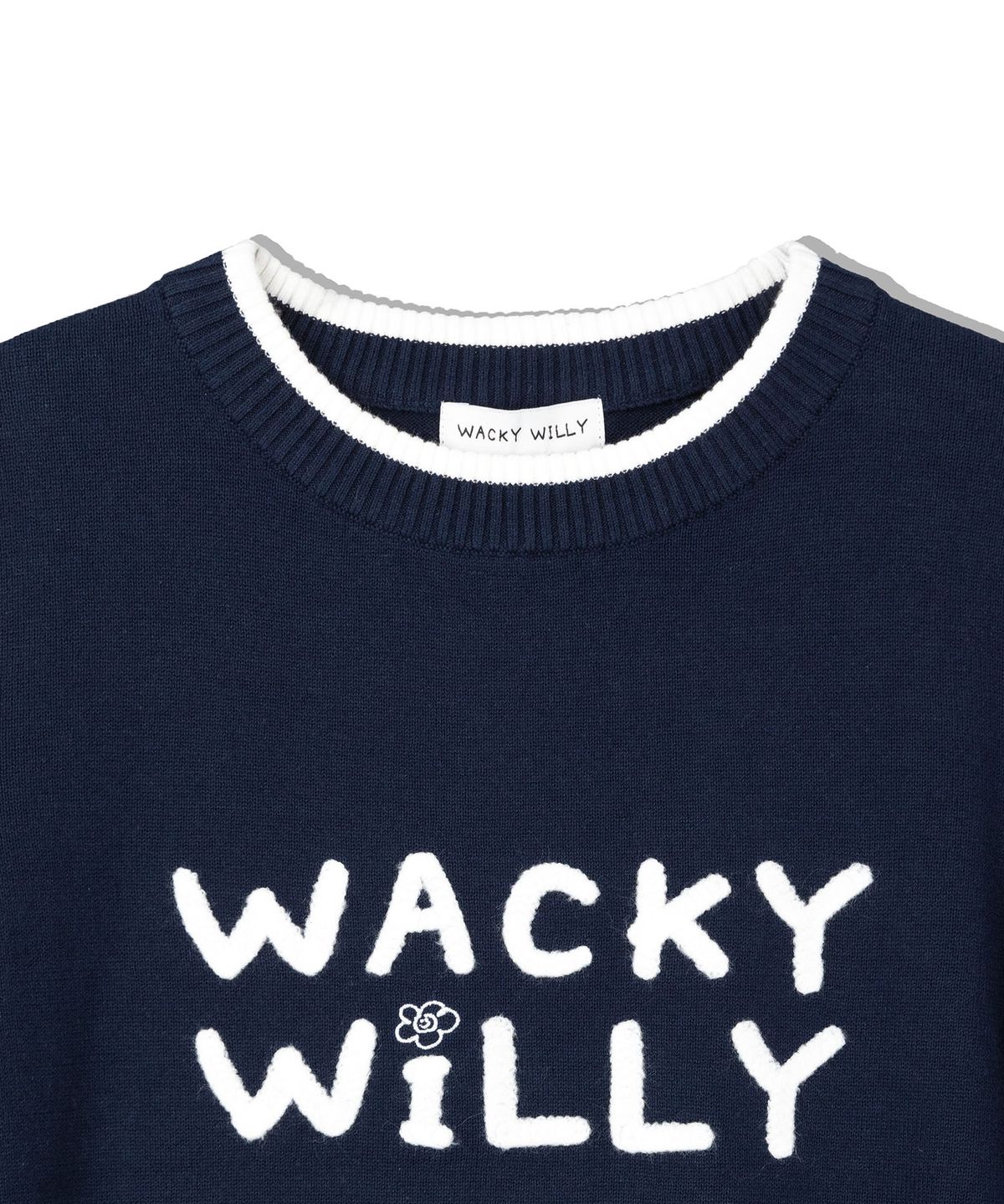 와키윌리(WACKY WILLY) 우먼스 타이포 로고 배색 반팔 니트 네이비