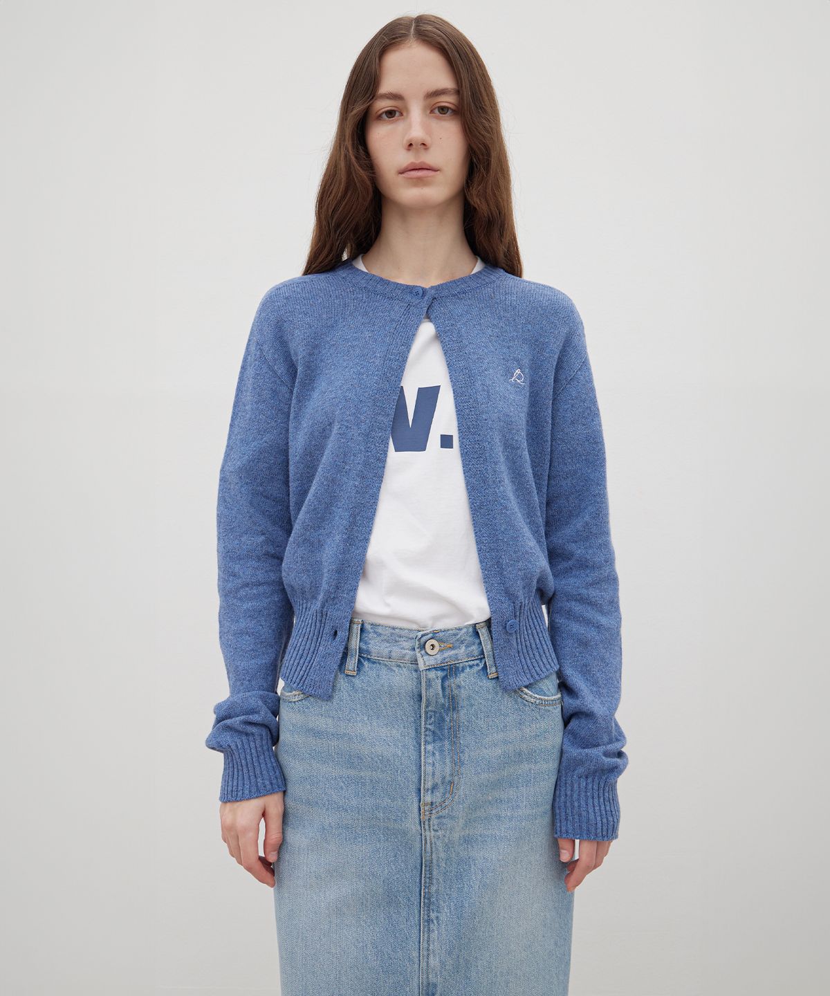 르바(LEVAR) Two-Button Round Knit Cardigan - Steel Blue