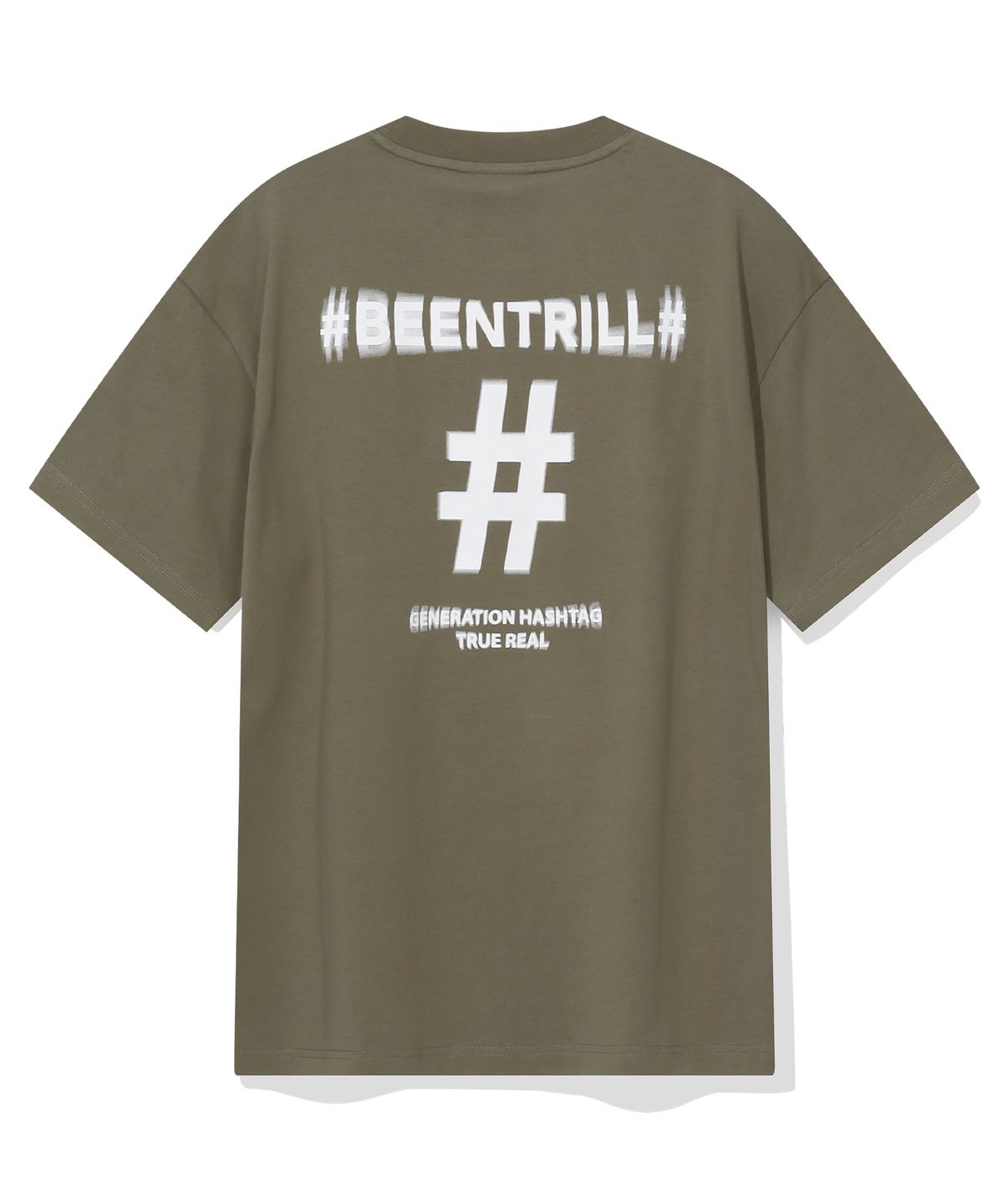 빈트릴(BEENTRILL) 쉐이크 해시태그 컴포트핏 티셔츠(카키)