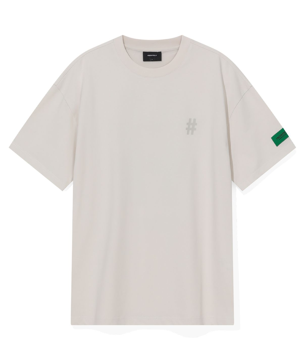 빈트릴(BEENTRILL) 그린 테이핑 해시태그 티셔츠(샌드)