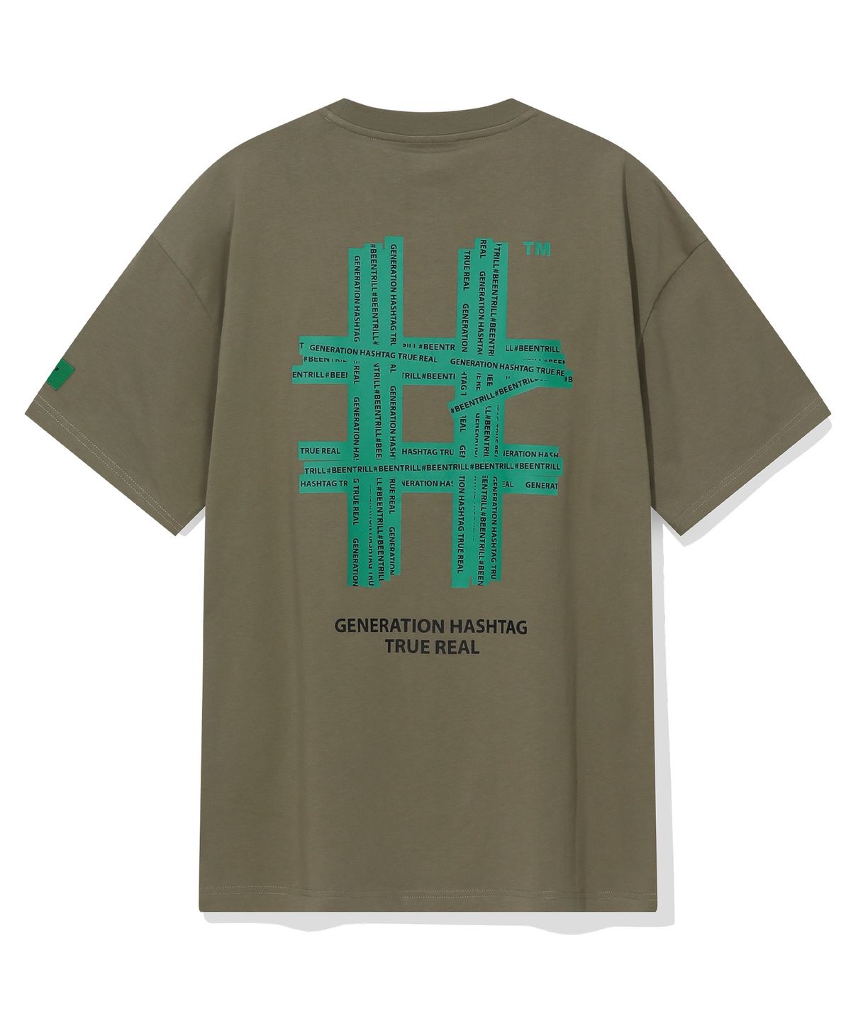 빈트릴(BEENTRILL) 그린 테이핑 해시태그 티셔츠(카키)