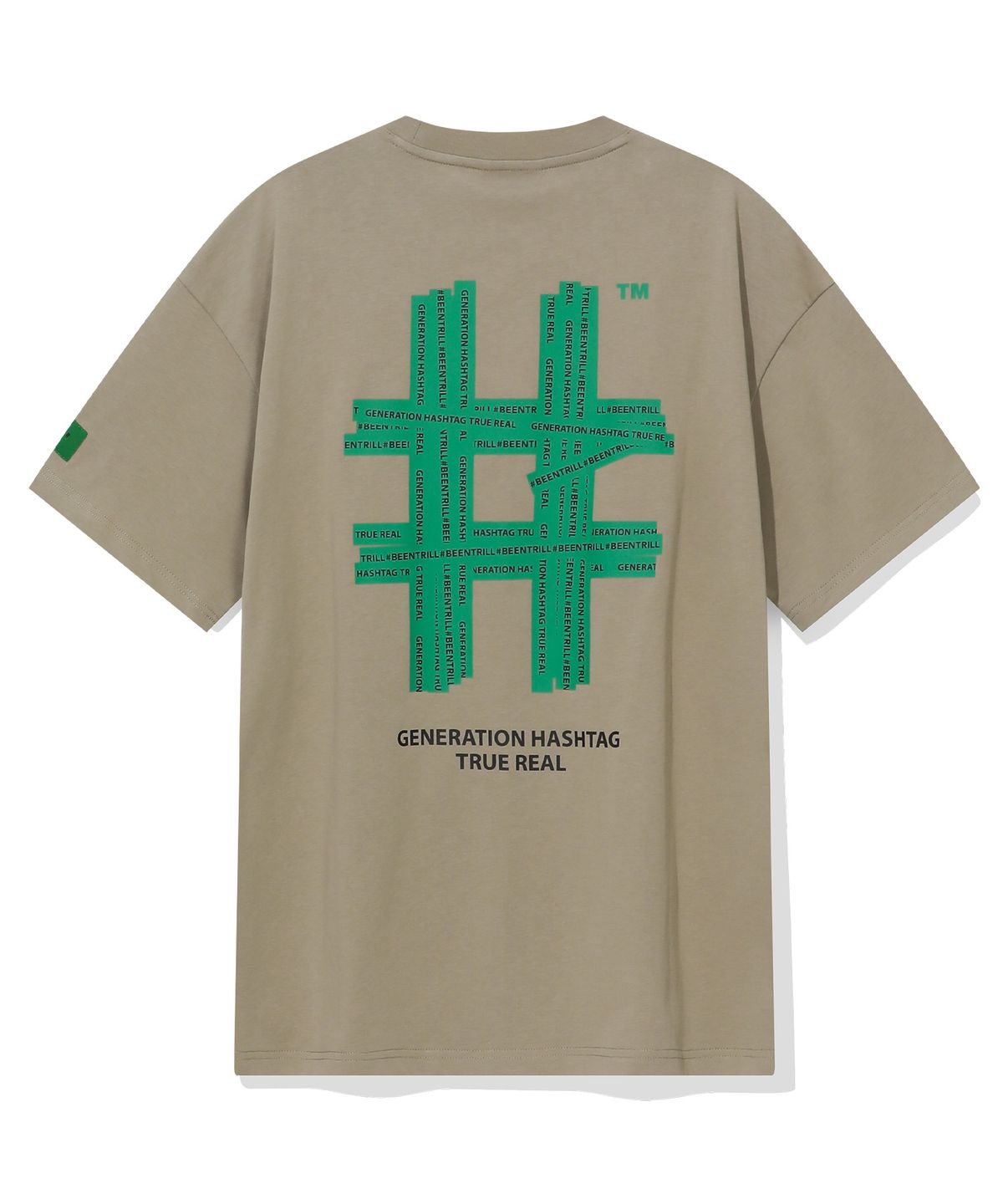 빈트릴(BEENTRILL) 그린 테이핑 해시태그 티셔츠(베이지)