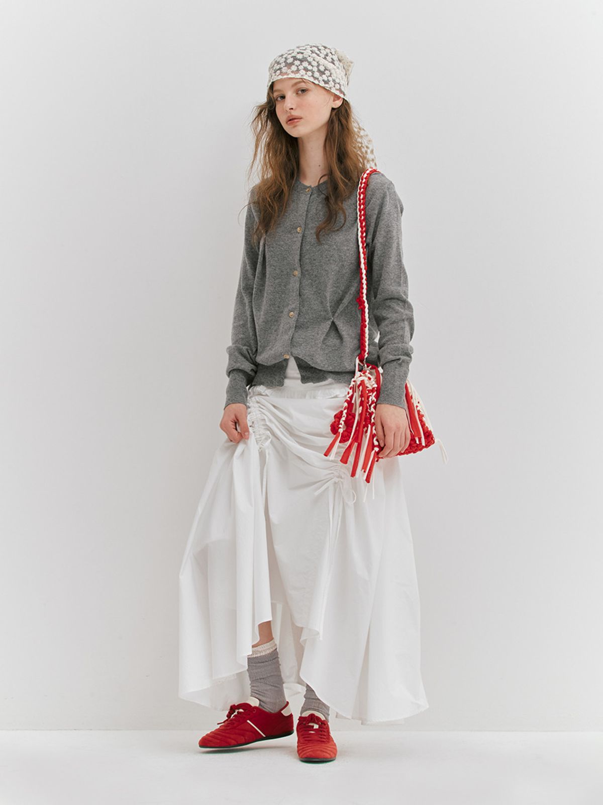 민더리(MEENDERI) PINCHED SLIT KNIT CARDIGAN - GREY