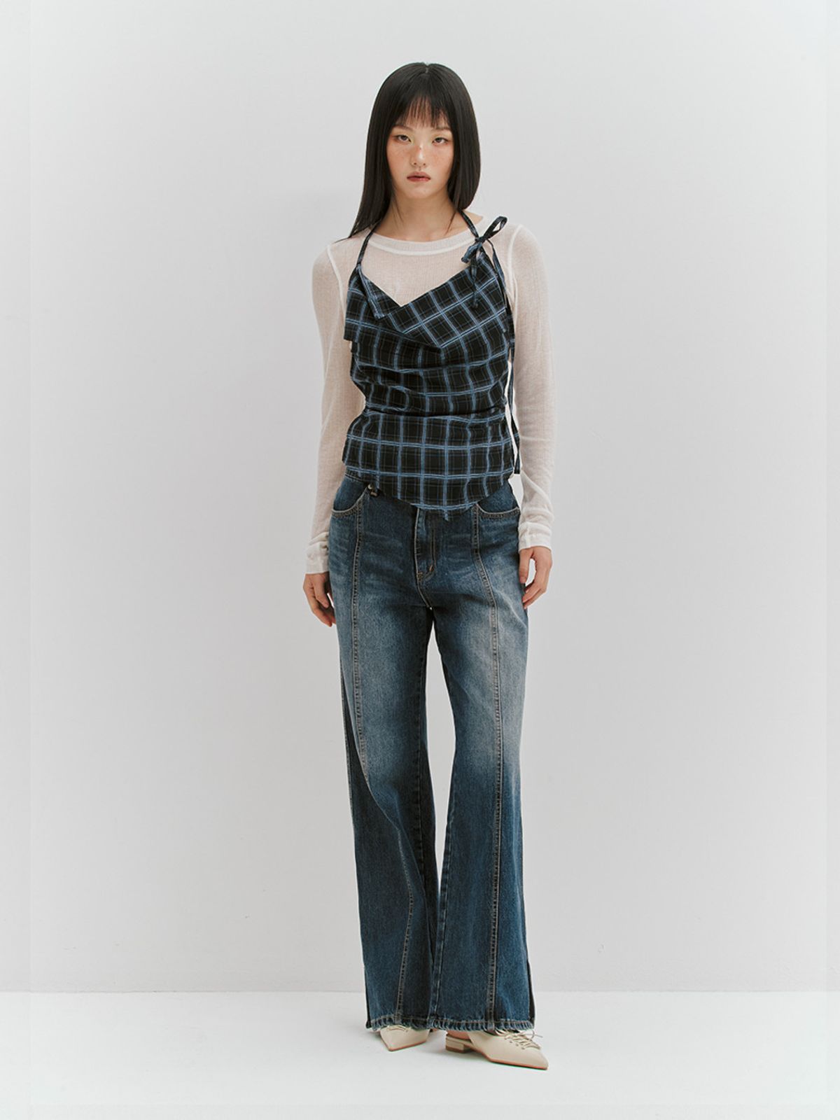 민더리(MEENDERI) CHECK HALTER TIED TOP - BLACK