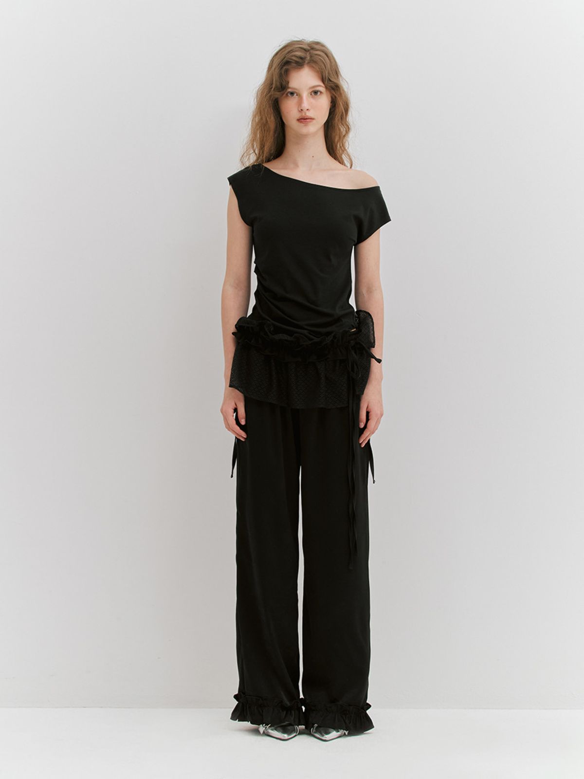 민더리(MEENDERI) LACE SHIRRING WRAP SKIRT - BLACK
