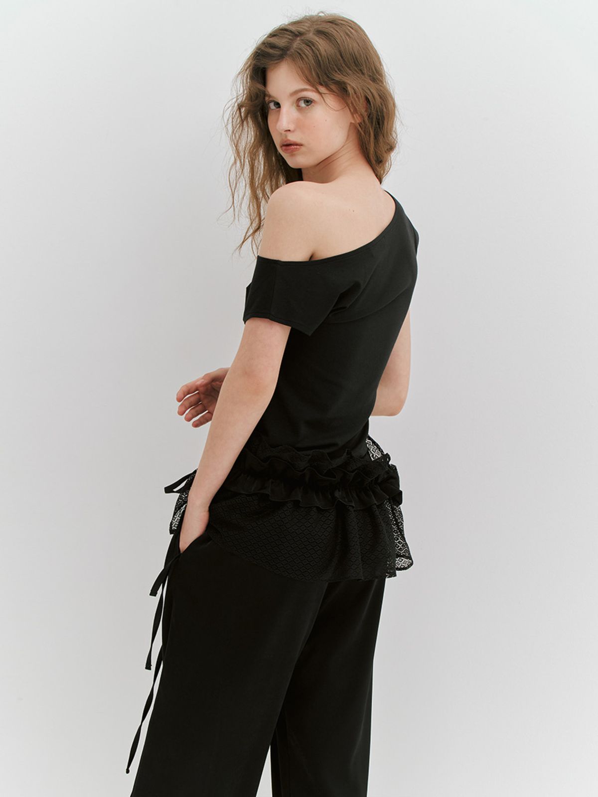 민더리(MEENDERI) LACE SHIRRING WRAP SKIRT - BLACK