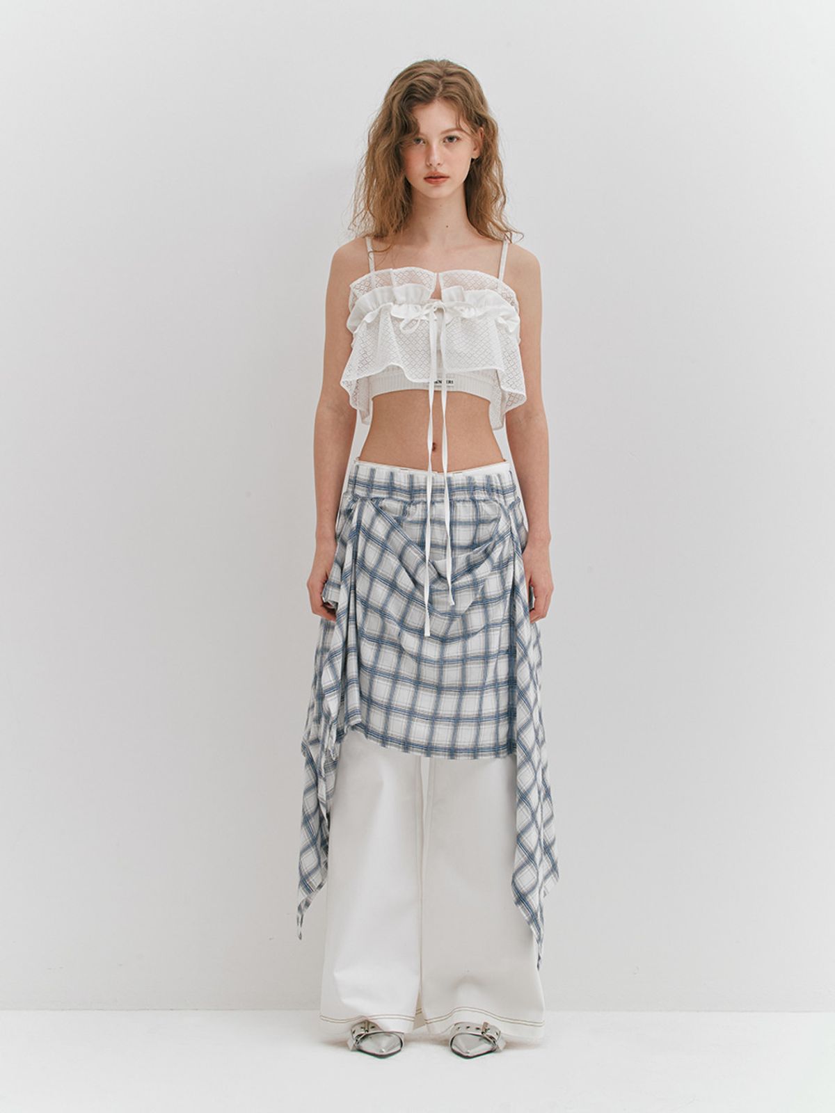 민더리(MEENDERI) CHECK DRAPED LONG SKIRT - WHITE