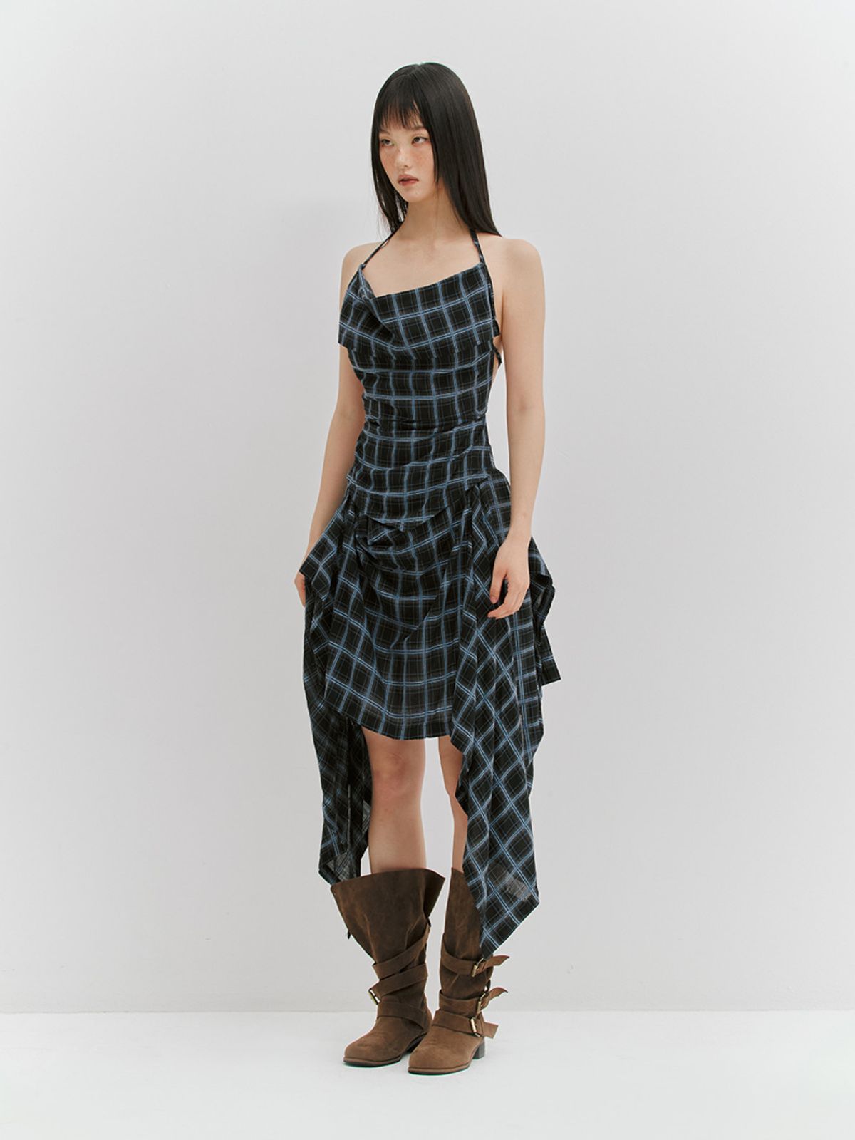 민더리(MEENDERI) CHECK DRAPED LONG SKIRT - BLACK