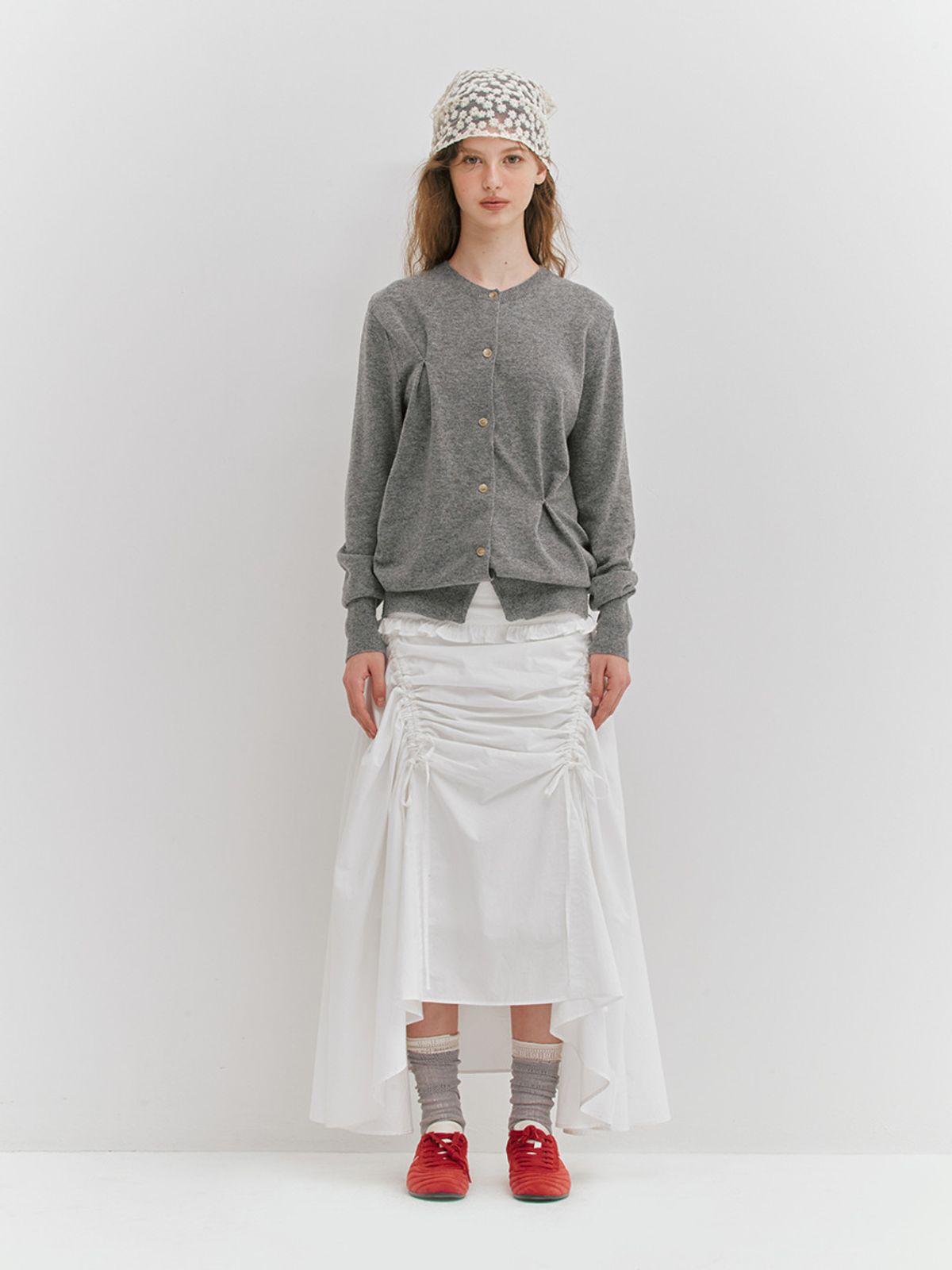 민더리(MEENDERI) SHIRRING RIBBON LONG SKIRT - WHITE