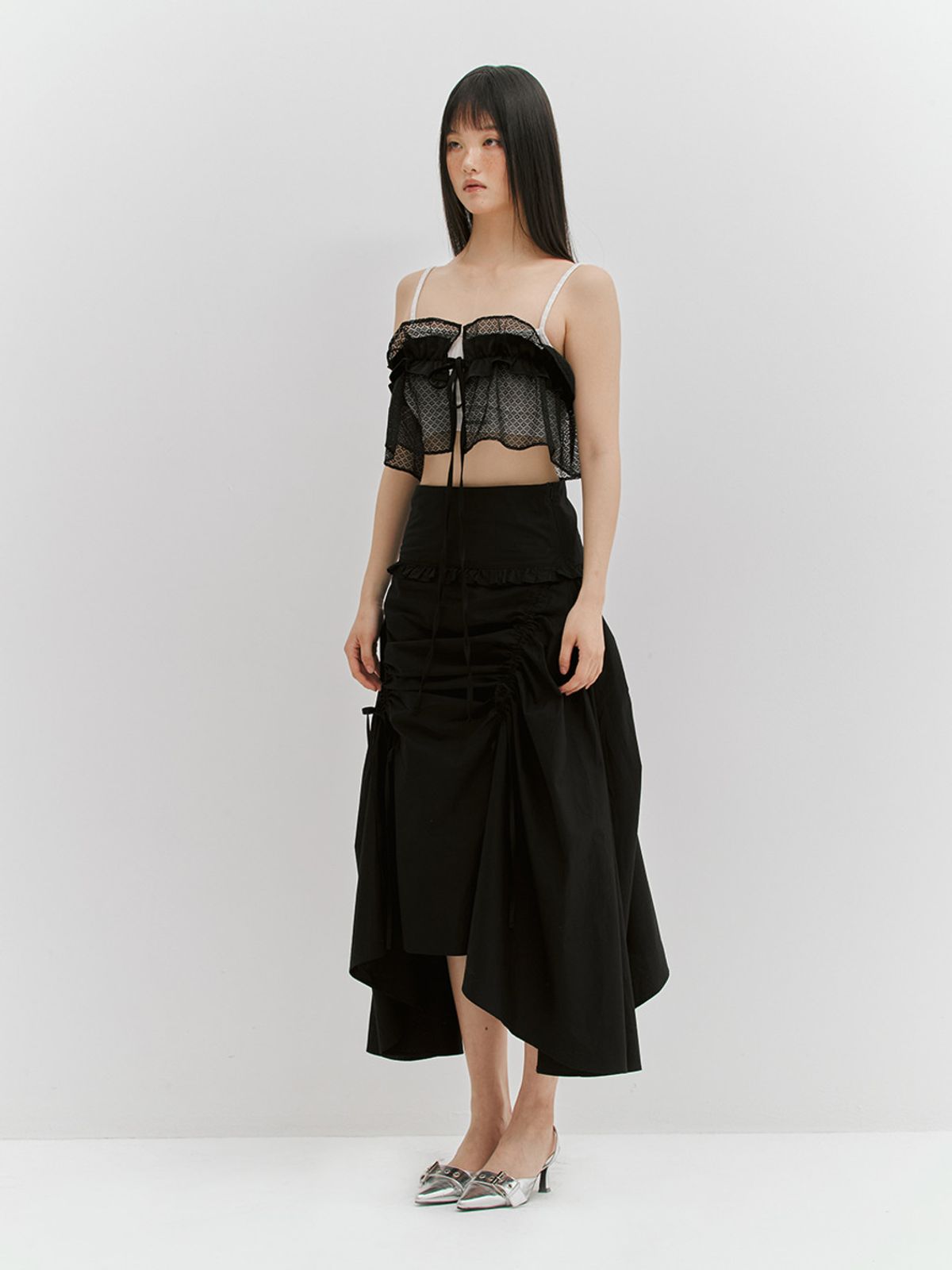 민더리(MEENDERI) SHIRRING RIBBON LONG SKIRT - BLACK