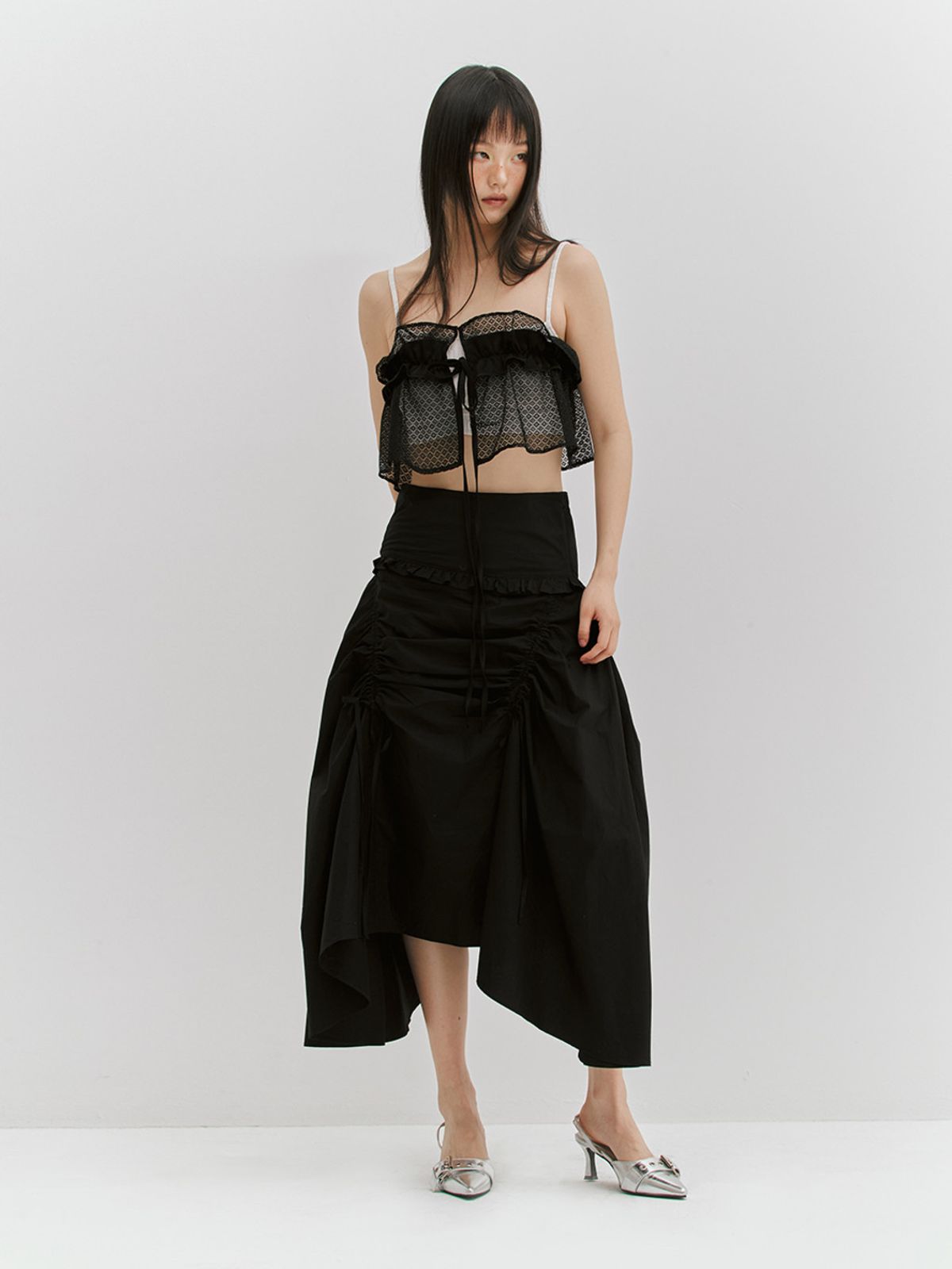 민더리(MEENDERI) SHIRRING RIBBON LONG SKIRT - BLACK