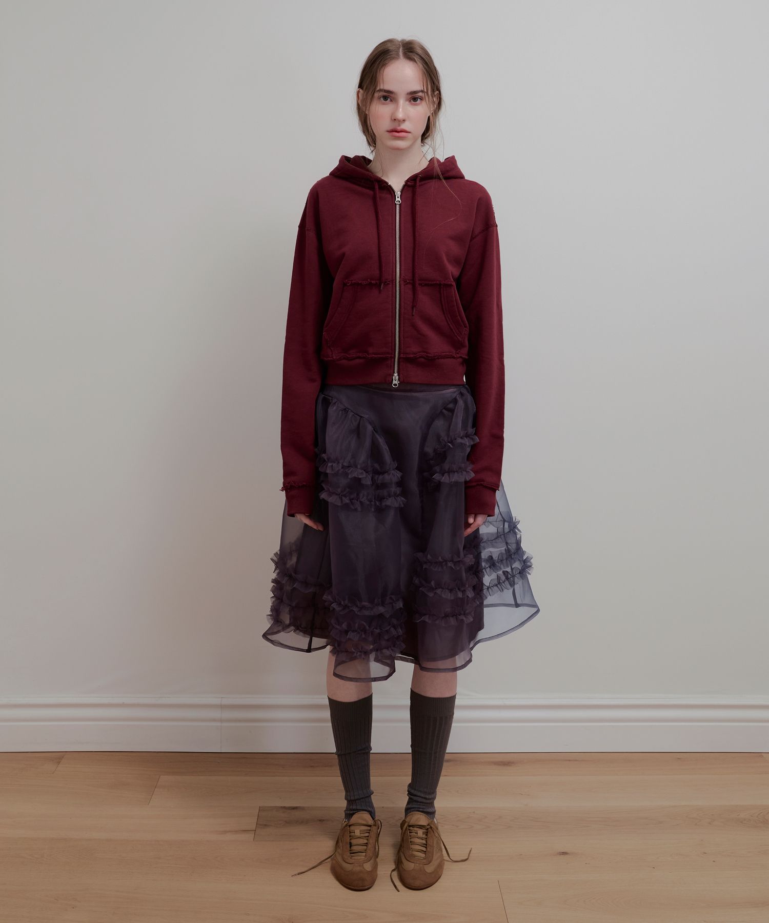 MUSINSA公式 | AOPT ORGANZA FRILL LAYERED SKIRT - CHARCOAL