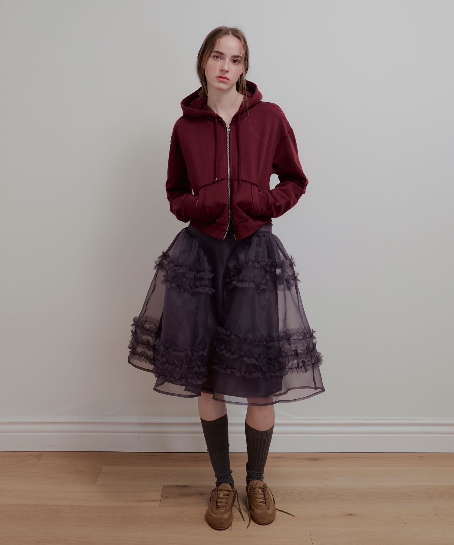 MUSINSA公式 | AOPT ORGANZA FRILL LAYERED SKIRT - CHARCOAL
