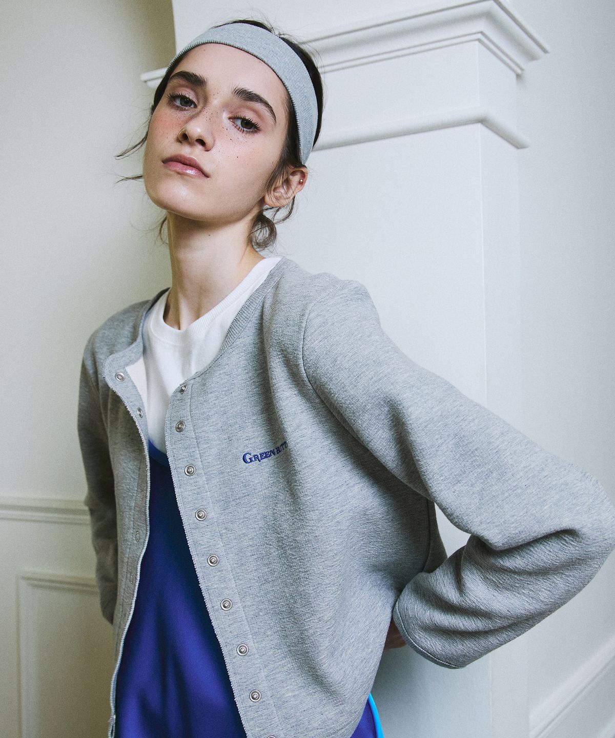 그린버터(GREENBUTTER) Snap Cotton Cardigan (Melange)
