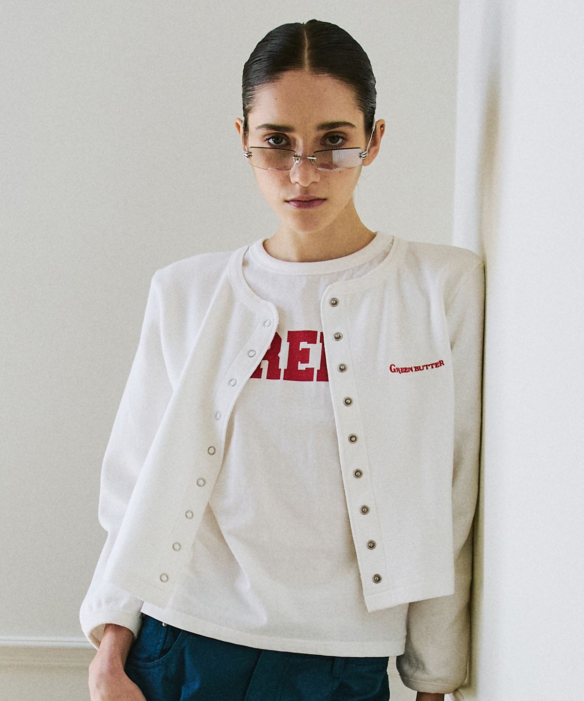 그린버터(GREENBUTTER) Snap Cotton Cardigan (Ivory)