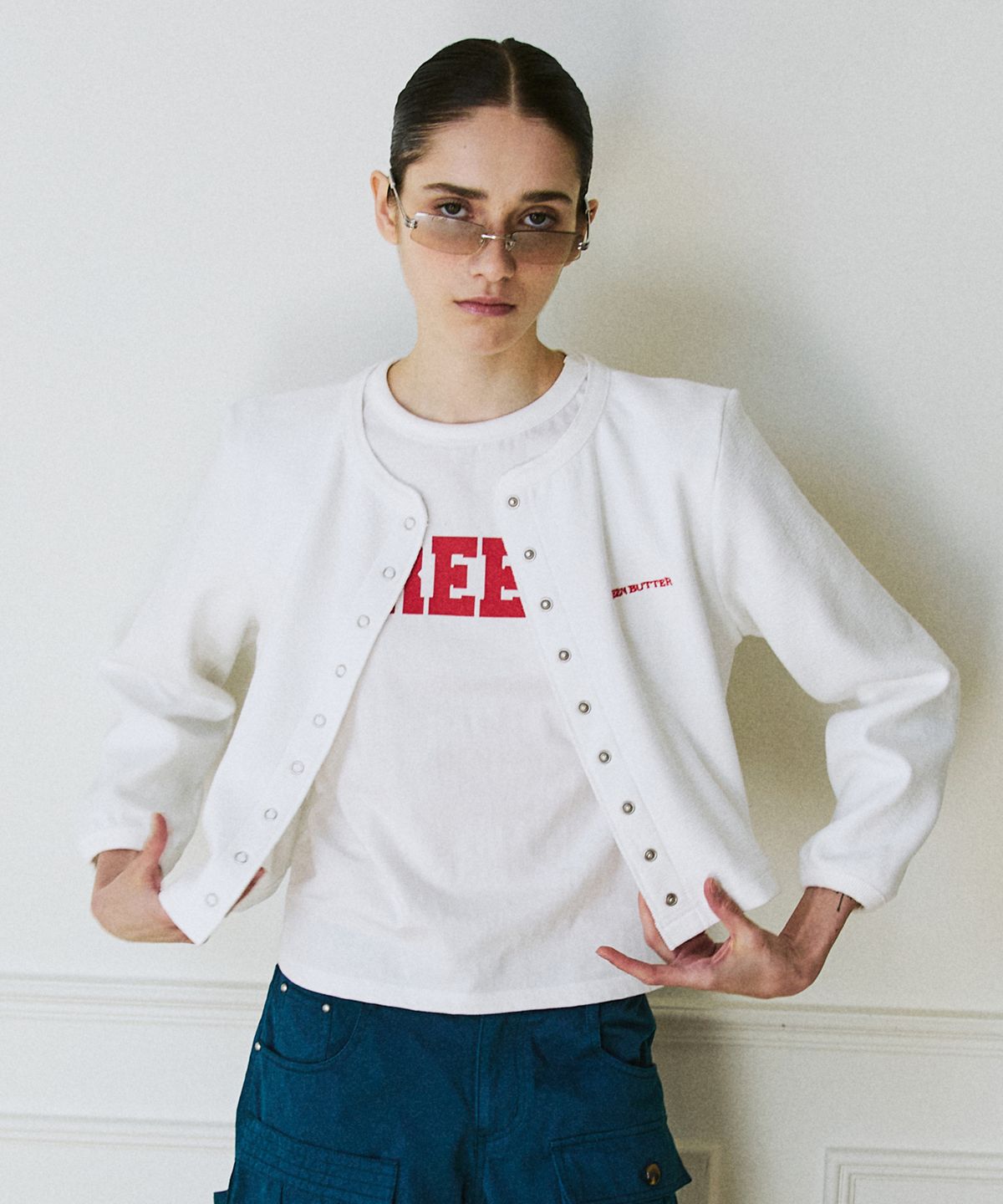그린버터(GREENBUTTER) Snap Cotton Cardigan (Ivory)
