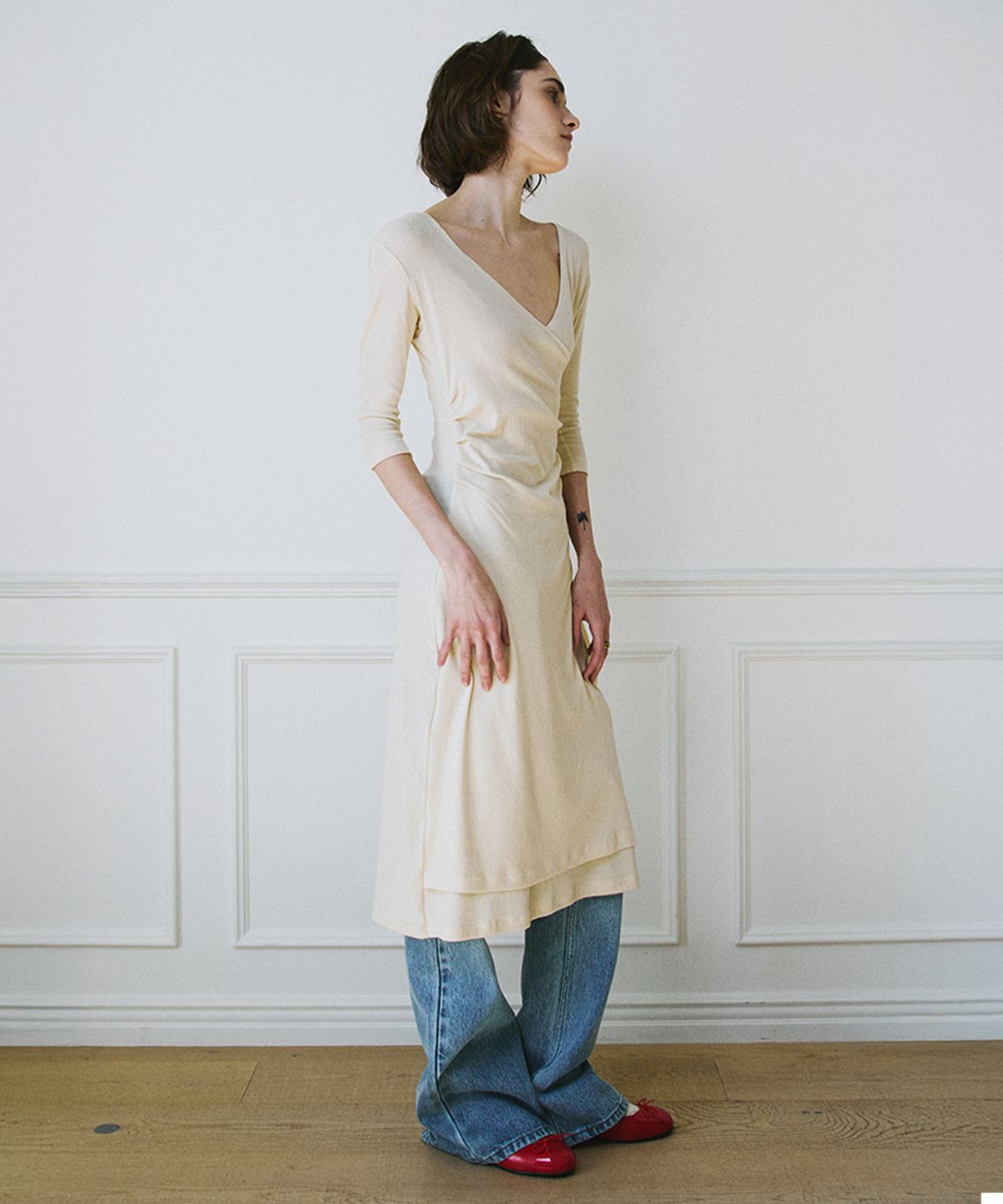 그린버터(GREENBUTTER) Shirring Wrap Dress (L/Beige)