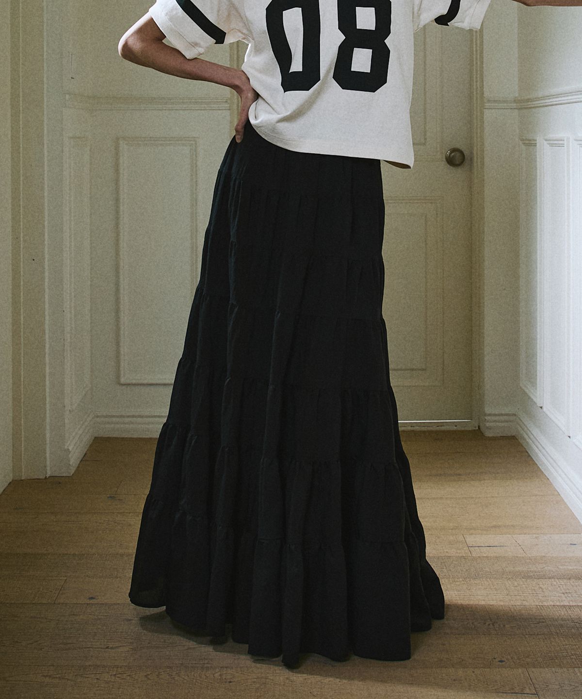 그린버터(GREENBUTTER) Cancan Ruffle Long Skirt (Black)