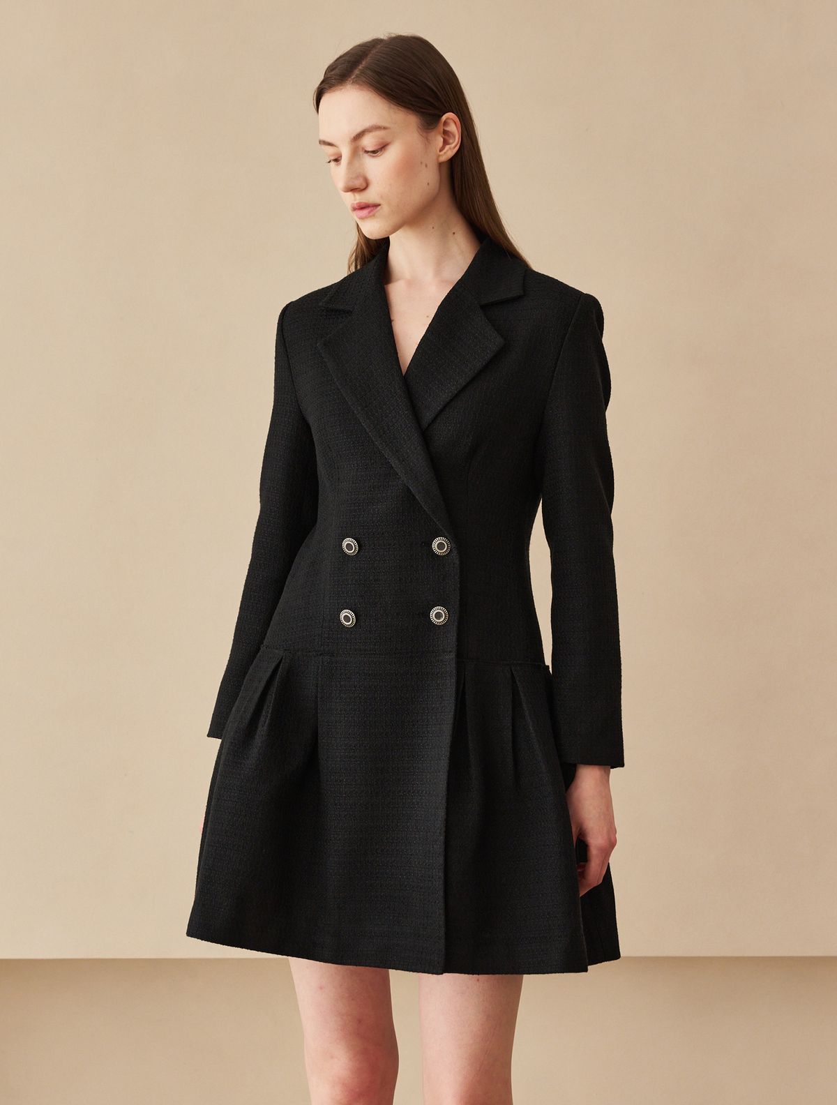 누브(NOUVE) 트위드 더블버튼 롱 슬리브 드레스 -블랙 / Tweed Double Button Long Sleeve  Dress - Black