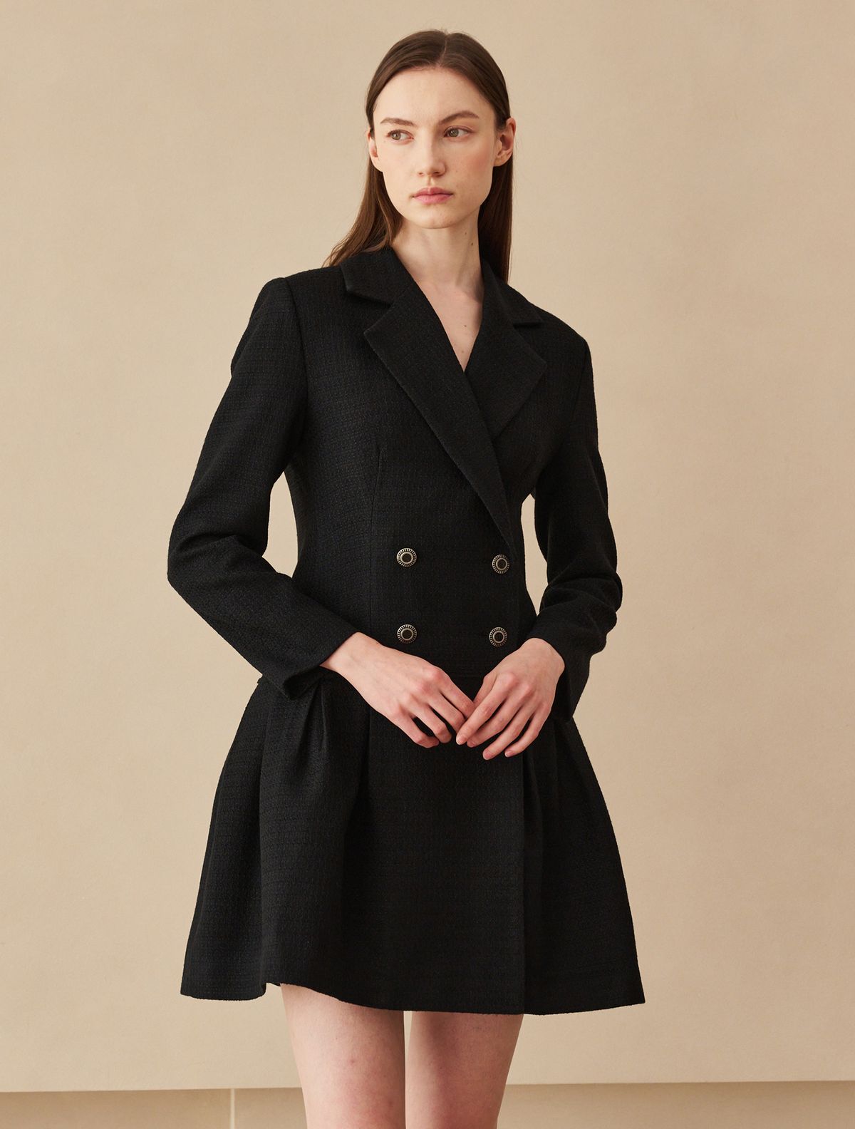 누브(NOUVE) 트위드 더블버튼 롱 슬리브 드레스 -블랙 / Tweed Double Button Long Sleeve  Dress - Black