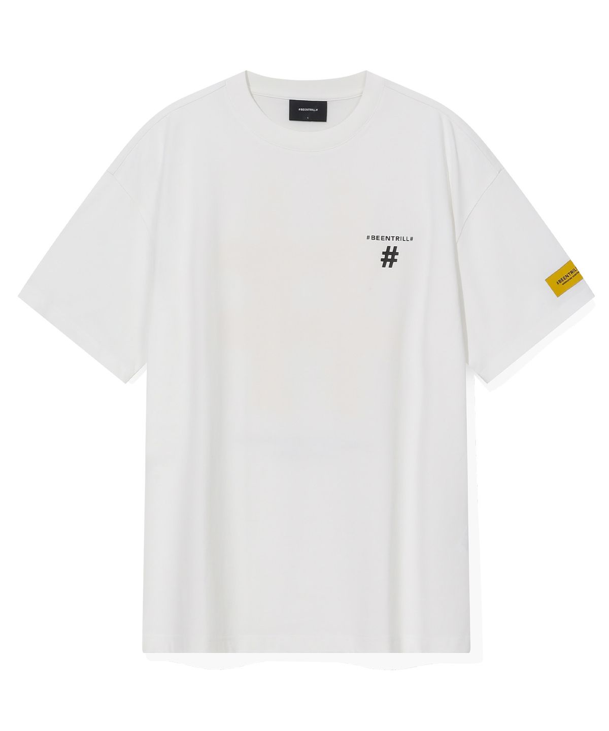 빈트릴(BEENTRILL) 옐로우 테이핑 해시태그 티셔츠(오프 화이트)