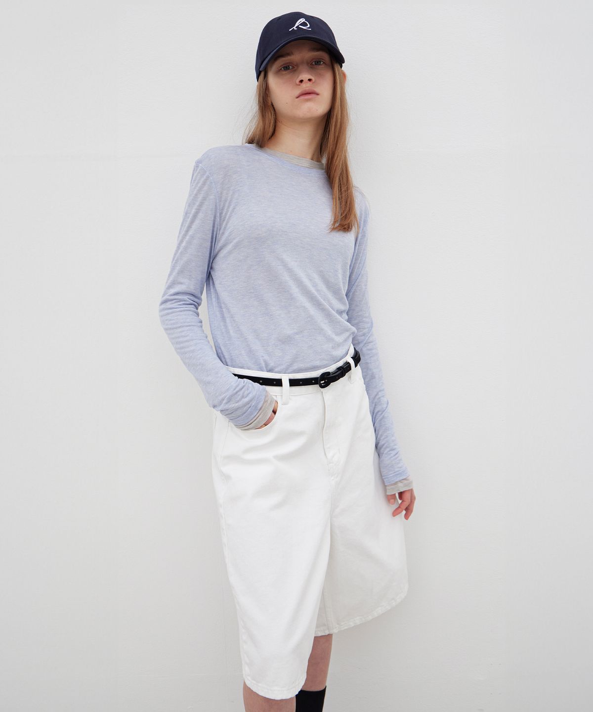 르바(LEVAR) Layered Long Sleeve T-shirt - Melange Blue