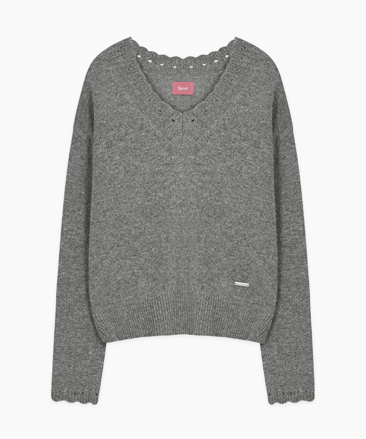 시눈(SINOON) Scallop V-Neck Pullover Knit (Melange Grey)