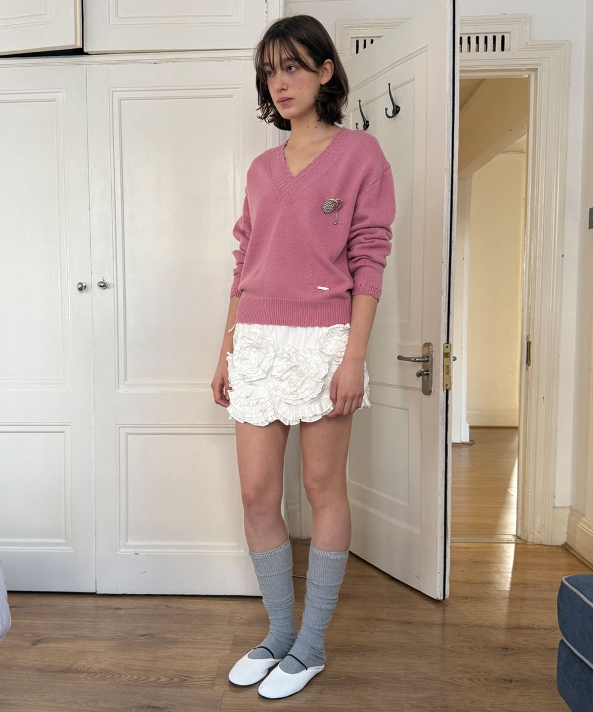 시눈(SINOON) Scallop V-Neck Pullover Knit (Rose)