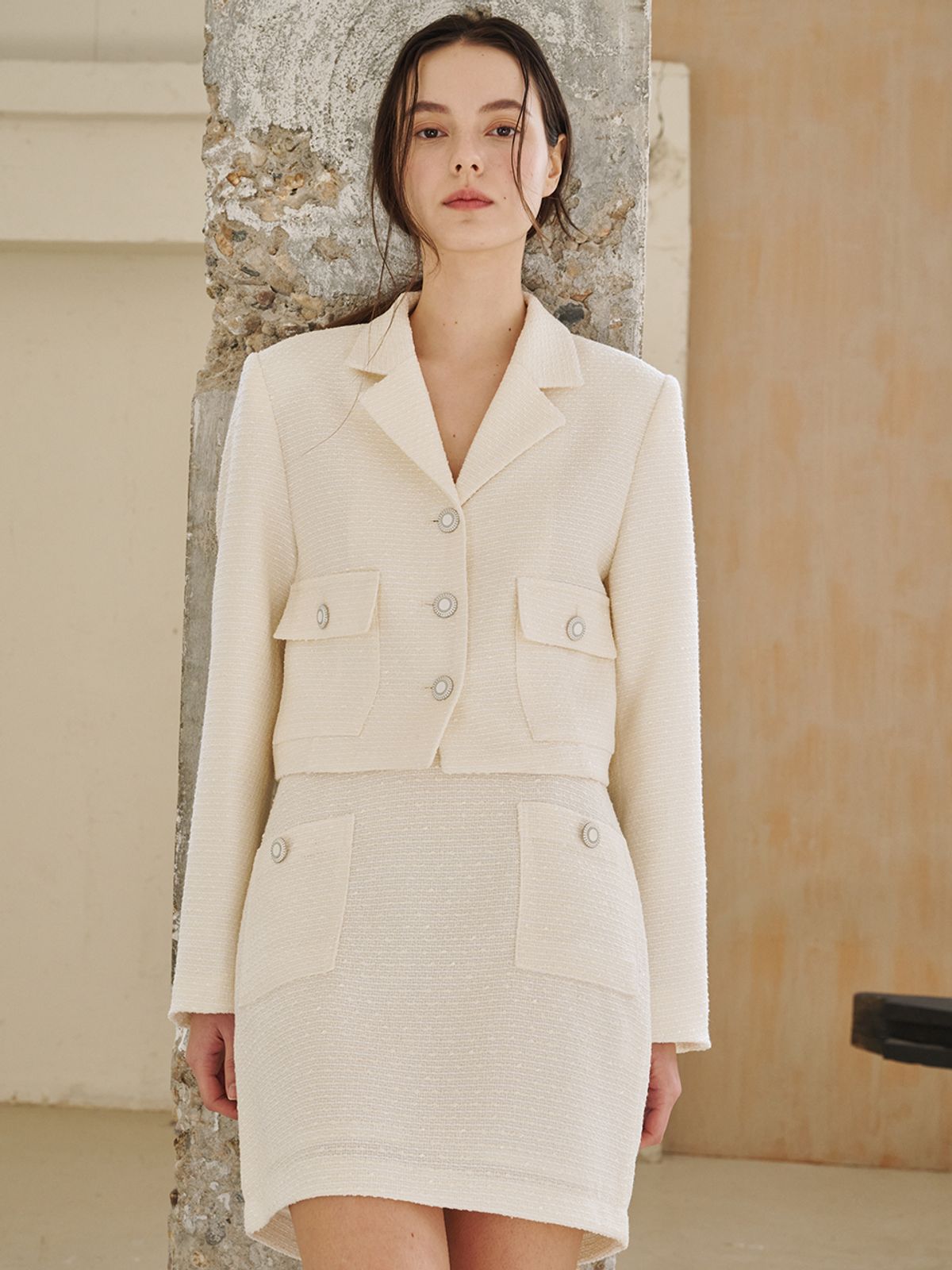 누브(NOUVE) 노치드 카라 트위드 자켓 - 아이보리 /  Notched Collar Tweed Jacket - Ivory